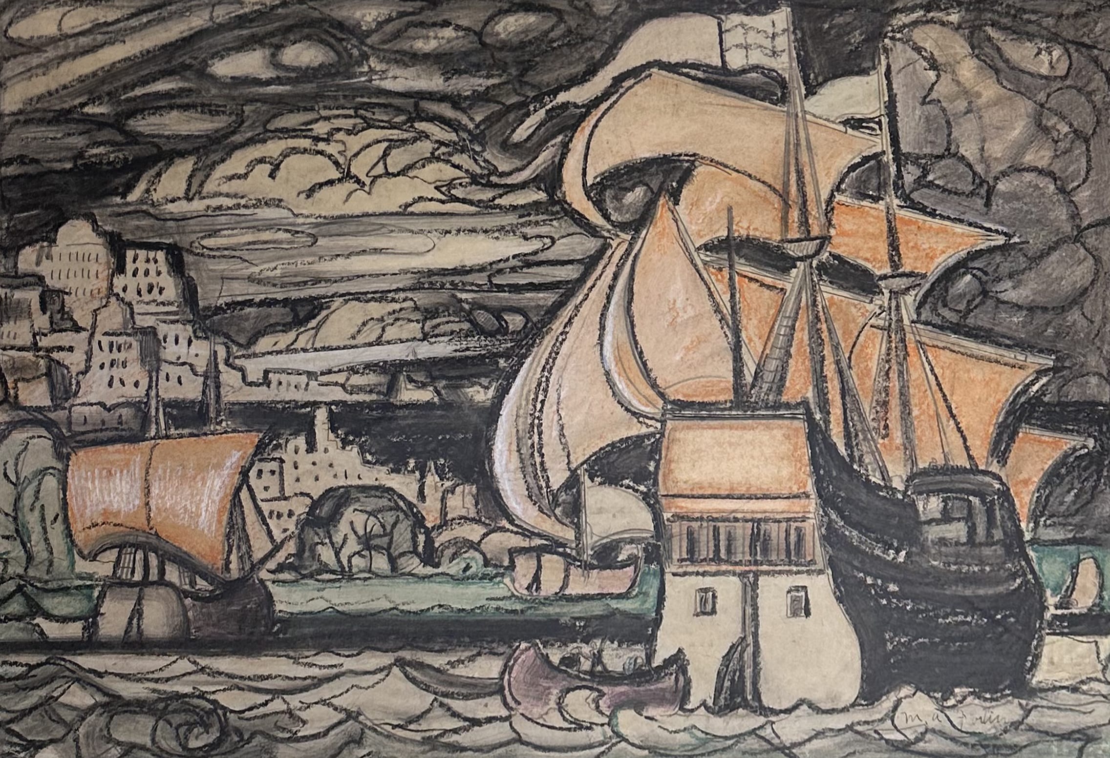 Sans titre (Bateaux devant un port)